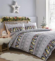 Simply Charlotte Penguins Parure de lit Double avec Housse de Couette de Noël Gris