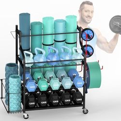 ZACHVO Stojak na hantle, wielofunkcyjny stojak na hantle do hantli, mata do jogi, rolka do masażu powięzi, hantle kettlebell i blok do jogi, regał do domowej siłowni, z 4 kółkami i 8 haczykami