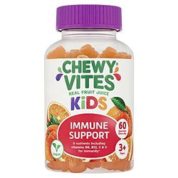 Chewy Vites Kids Immune Support, 60 Kids Vitamins Gummies, High Strength Vitamin D, Vit C, B6, B12, Zinc, Selenium, 2 Months Supply, Real Fruit Juice, Vegan, Age 3 +, Orange Flavour