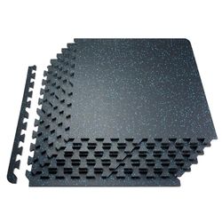 VEVOR Alfombrillas de Gimnasio de 610 x 610 x 14 mm, 12 Baldosas de Goma con Espuma EVA con Una Cobertura de 4,5 m² y Diseño de Rompecabezas Entrelazado para Gimnasio, Hogar, Garaje, Azul y Negro
