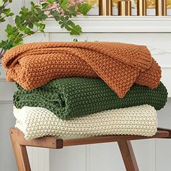 Longhui bedding Couverture légère en Tricot torsadé 100% Coton Bio pour canapé, lit, Chambre de bébé, Rustique, Shabby Chic, Style Ferme Moderne, Orange brûlé, 152,4 x 203,2 cm, avec Sac de Lavage