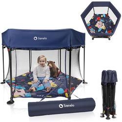 LIONELO Roel kojec dla dzieci do 15 kg, duży format 118 x 118 x 83 cm, sześciokątny kształt, LockGuard, zapięcie składane, wzmocniona podstawa, antypoślizgowe stopki, torba ochronna