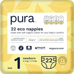 Pura Pannolini Ecologici, Taglia 1 (Neonato 2-5kg), 22 Pannolini (Confezione da 1), Certificati EU Ecolabel, Adatti per la Pelle Sensibile, Cotone Biologico, Senza Profumo, Indicatore di Umidità