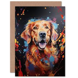 Artery8 Red Golden Retriever Dog Lover Gift Pet Portrait Orange Blue on Black Artwork Painting Sealed Greeting Card Plus Envelope Blank inside