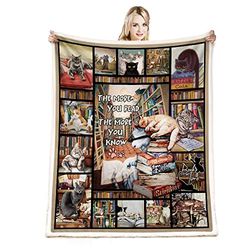 CYREKUD Cadeaus voor boekenliefhebbers, kattencadeaus voor kattenliefhebbers deken, kattenliefhebber geschenken voor vrouwen, geschenken voor boekenliefhebbers, zachte kat en boeken, deken voor sofa,