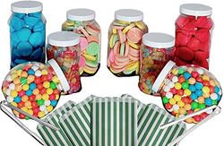 8 Empty Plastic Sweet Jars with white lid, 2 tongs and 50 bags, 11 colours to choose from - Simply add sweets to create your sweet table (Green)