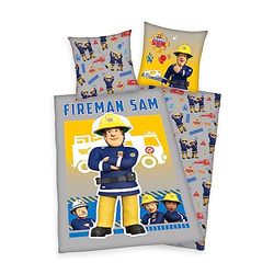 Herding Parure de lit Sam Le Pompier - Taie d'oreiller 80 x 80 cm - avec Fermeture éclair - Réversible - Housse de Couette 135 x 200 cm avec Fermeture éclair - Brillante dans Le Noir - 100% Coton /