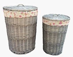 Red Hamper Antique Wash Round Linen Basket Set With Garden Rose Lining, Wicker, 60 x 46 x 46 cm