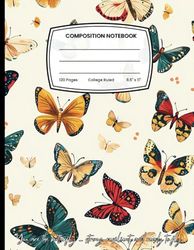 Butterfly Mosaic: Colorful Vintage College Ruled Composition Notebook for School, College, Work - 120 Pages