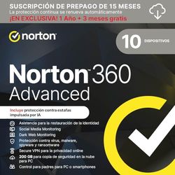 Norton 360 Advanced 2025 │ 10 Dispositivos │ 15 meses renovación automática │ Social Media, Dark Web Monitoring y VPN │ Código por email