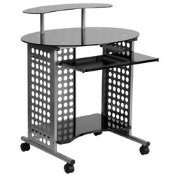 Flash Furniture Cassini Mobiel computerbureau, metaal, zwart glazen blad/zilveren frame, 88,9 x 67,31 x 14,605 cm