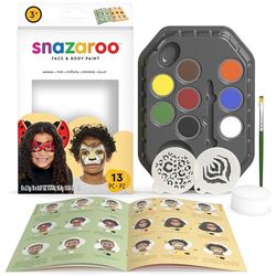 Snazaroo 1172183 "Animals" make-up set, huidvriendelijke gezichtsmake-up op waterbasis - 7 make-up kleuren, 1 make-up kwast, 1 spons, 2 sjablonen