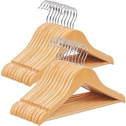 SONGMICS Juego de 20 Perchas para Niños de Madera Maciza, para Ropa Infantil, con Barra de Pantalones, Muescas en Hombros, Ganchos Giratorios, 35 cm Largo, Natural y Plata CRW006-20