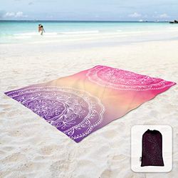 Sunlit Couverture de plage bohème douce et soyeuse, tapis anti-sable avec poches d’angle et sac en maille, pour fête de plage, voyages, camping - Mandala violet et rouge, 270 x 205 cm