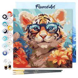 Figured'Art Mini Peinture par Numéro Adulte 20x20cm avec cadre Bébé Tigre fantaisie et fleurs - Petit Format Kit de Loisir Créatif DIY Numéro d'Art Complet