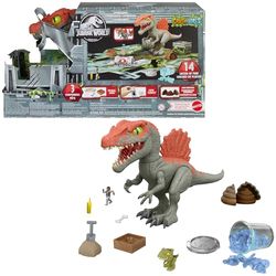 Mattel Jurassic World Crushivores Espinosaurio destrozajaulas, Figura de acción de dinosaurio grande con minifiguras, slime y accesorios, juguete regalo para niños y niñas +4 años, HTP71