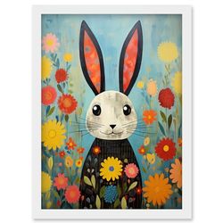 Artery8 Funny Bunny Illustration Modern Floral Rabbit Animal Artwork for Kids Bedroom or Baby Nursery Artwork Framed Wall Art Print A4