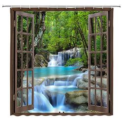 AMFD Duschvorhang mit Wasserfall-Motiv, 3D-Effekt, Natur, Wasserfall-Landschaft durch braunes Fenster, kreativ, grün, blaugrün, modern, einzigartig, Badezimmer-Dekor-Set mit Haken, (177.8 cm x 70 cm)