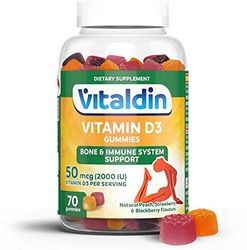 VITALDIN Vitamina D3 gummies - 2.000 IU por dosis diaria - 70 gominolas (suministro para 1 mes); sabor a Frutas - Vitamina D para Sistema Inmunitario & Huesos - Sin Gluten - Apto para Niños & Adultos