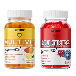 Weider Multivit + Multikids Gummies – Pack Multivitamins pour Adultes et Enfants – Vitamines (D,C,E,B6,B12) et Minéraux – Sans Sucres Ajoutés – Pack Idéal pour toute la Famille – 80 et 50 Gummies