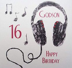 white cotton cards Handmade Godson 16 Happy Headphones 16th Birthday Card, White, SB54-gd16