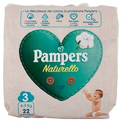 Pampers Naturello, 22 couches contenant du coton et des matériaux naturels dérivés des plantes, 0% de parfum, taille 3 (4-9 kg)