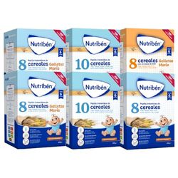 Nutriben Papillas Variadas, Alimento para Bebés a partir de 6 meses, 8 y 10 Cereales, con y sin Galletas María, no azúcares añadidos, Sin aceite de palma, Pack de 6 x 600g