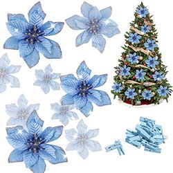 Whaline 24 Pcs Blue Poinsettia Artificial Christmas Flowers with 24 Pack Clips, Glitter Christmas Tree Ornaments Xmas Wedding Party Decor (13 x 13 cm)