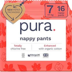 Pura Pieluchy Eco Majtki - Rozmiar 7 (17 kg+), 16 pieluch, jednorazowe majtki pieluchy dla skóry wrażliwej i podatnej na alergie, hipoalergiczne, bezzapachowe, łatwe do oderwania po bokach