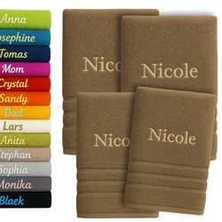 Asciugamano da bagno e asciugamano personalizzati da 4 pezzi con nome splendidamente ricamato Asciugamano personalizzato Confezione da 2x(140x70cm) + 2x(100x50cm) (Marrone Chiaro)