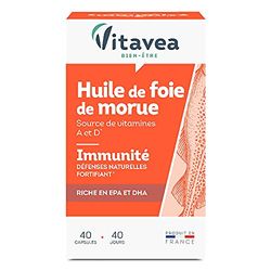 Vitavea - Huile de Foie de Morue - Complément Alimentaire Immunité, Défenses Naturelles, Fortifiant - Omega 3, DHA et Vitamines - Vitamine D et A - 40 Capsules - Cure de 40 jours - Fabriqué en France