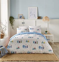 Fusion - Nautical Blue Duvet Cover - Double Bedding Size (200 x 200cm) - Reversible (2 Designs) - Seaside/Sailing Boats Duvet Cover - Blue & White Bedding with Coastal Theme - Beach Huts Bed Set