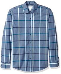 Amazon Essentials mäns Slim-Fit långärmad poplin-skjorta, denim stor pläd, Large