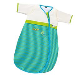 Gesslein Bubou 773125 Babyslaapzak met afneembare mouwen: temperatuurregulerende slaapzak voor het hele jaar, baby/kinderen maat 110 cm, strepen groen/turquoise strepen met krokodil en vis