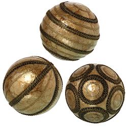 Set van 3 parelmoeren ballen geroosterd met koord in oud goud 10 cm