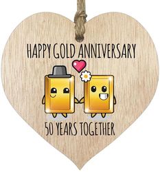 50th Wedding Anniversary Plaque Gift for Husband Wife - 50 Years Together - Happy Gold Anniversary Wooden Heart for Women Men Partner, Light Wood Sign Keepsake Gifts