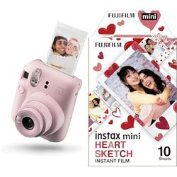 Fujifilm instax mini 12 Blossom Pink - Macchina Fotografica Istantanea & instax mini film 10 shot pack, bordo CUORI