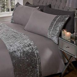 Sienna Luxury - Set copripiumino con federe in velluto riccio e strass, set di biancheria da letto, in poliestere, grigio argento, super king size