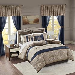 Madison Park Literie de Luxe Toutes Saisons, draps, oreillers et Rideaux décoratifs, cantonnière, Polyester, Bleu Marine, très Grand lit