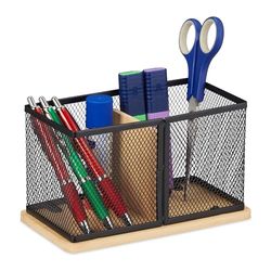 Relaxdays Range-stylos, Bambou & Maille, HxLxP: 11x19x10 cm, Rangement à Crayons pour Bureau, Fournitures, Noir - Nature