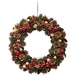 FEERIC CHRISTMAS - Corona de Navidad con Acebo Piñonera y Estrellas Lentejuelas Rojo D 50 cm