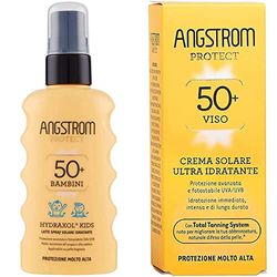 Angstrom Protect Latte Solare in Formato Spray, Protezione Solare Corpo 50+ & Protect Crema Solare Viso, Protezione viso 50+ con Azione Ultra Idratante, Nutriente e Duratura