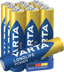 VARTA Pilhas AAA, embalagem de 10, Longlife Power, alcalinas, 1,5 V, para brinquedos, ratos sem fio, lanternas elétricas, Made in Germany