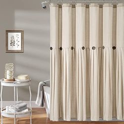 Lush Decor Rideau de douche à boutons en lin, 182,9 x 182,9 cm (l x L), lin foncé – Rideau de douche rustique – Rideau de bain à blocs de couleurs avec boutons en noix de coco – Décoration de salle de