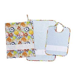 FILET - Set voor kleuterschool, drie stuks met canvas Aida om te borduren, samenstelling van zak, handdoek en slabbetjes van witte spons, 100% katoen, Made in Italy, fantasieballonnen met blauwe bodem