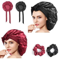 Romon Gorro Saten Pelo Rizado, 2 Piezas Gorro de Seda para Dormir Ajustable con 2 Gomas de Pelo, Dormir Gorros de Satén Transpirable para Pelo Rizado con Banda Ancha Elástica para Mujeres y Niñas