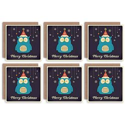 Wee Blue Coo Christmas Cards 6 Pack - Cute Owl Bird Snowflake Set Xmas Cards