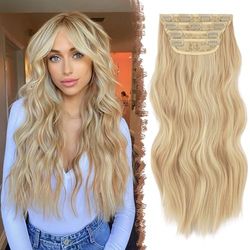 FESHFEN Clip in Hair Extensions 4PCS Dark Golden Mix Beige Blonde Thick Hair Piece Long Wavy Clip in Extensions Full Head Synthetic Fiber Hairpieces for Women, 20 Inch 180g