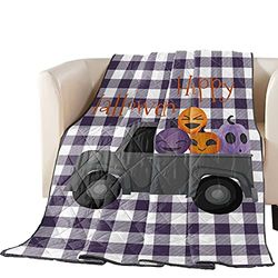 Cartoon Black Truck Söt Pumpkins Reversible Down Alternative Comforter Quilted, Lightweight Soft Bedspread for Kids Adults Woman Teen Bed, Purple White Tartan Plaid Throw Blankets for Sofa Decor
