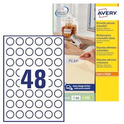 Avery Italia L4850REV-25 Etichette adesive in carta bianca adesivo rimovibile nessun residuo, 25 fogli A4, rotonde diam 25mm, 48 etichette per foglio, adesivo rimovibile, stampanti laser e inkjet